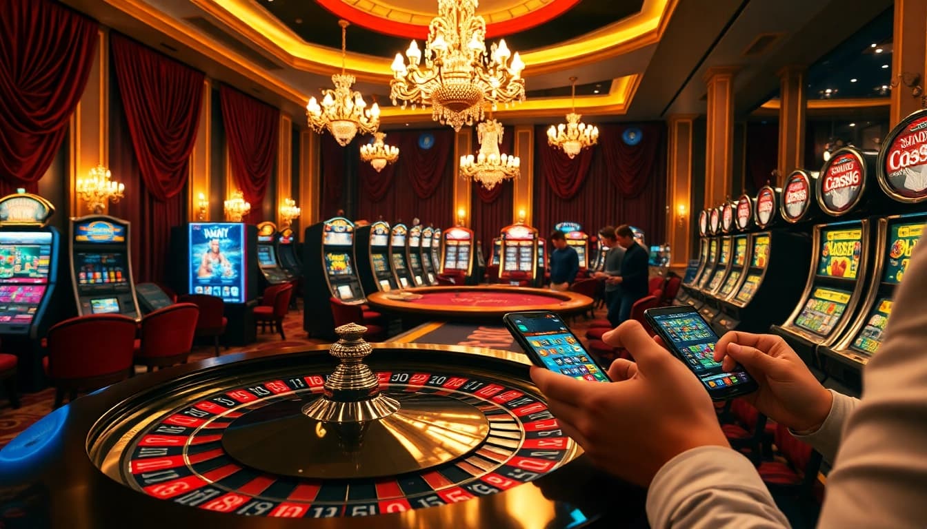 Experience thrilling gameplay at tg88 link with vibrant casino scenes featuring roulette, slots, and eager players.