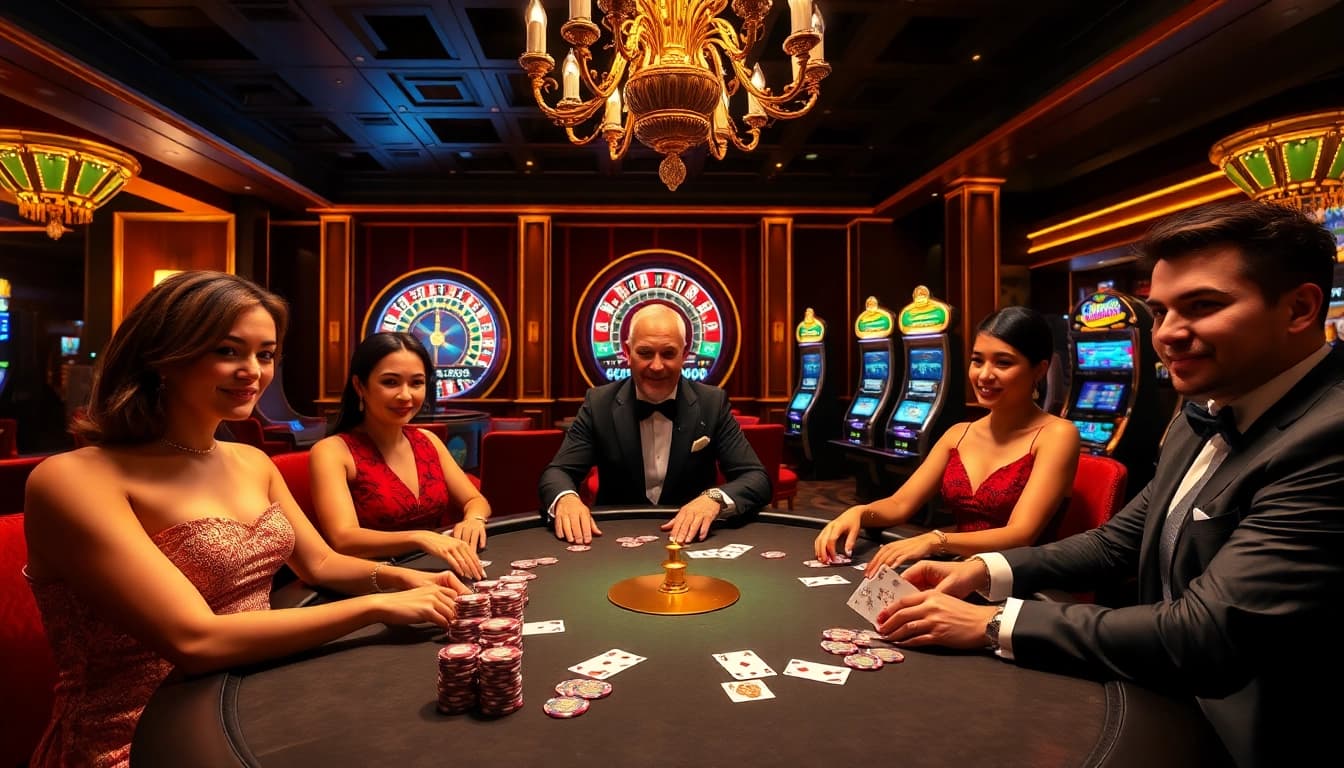 Experience the thrilling atmosphere at 99OK casino with high-stakes poker gameplay and luxury decor.