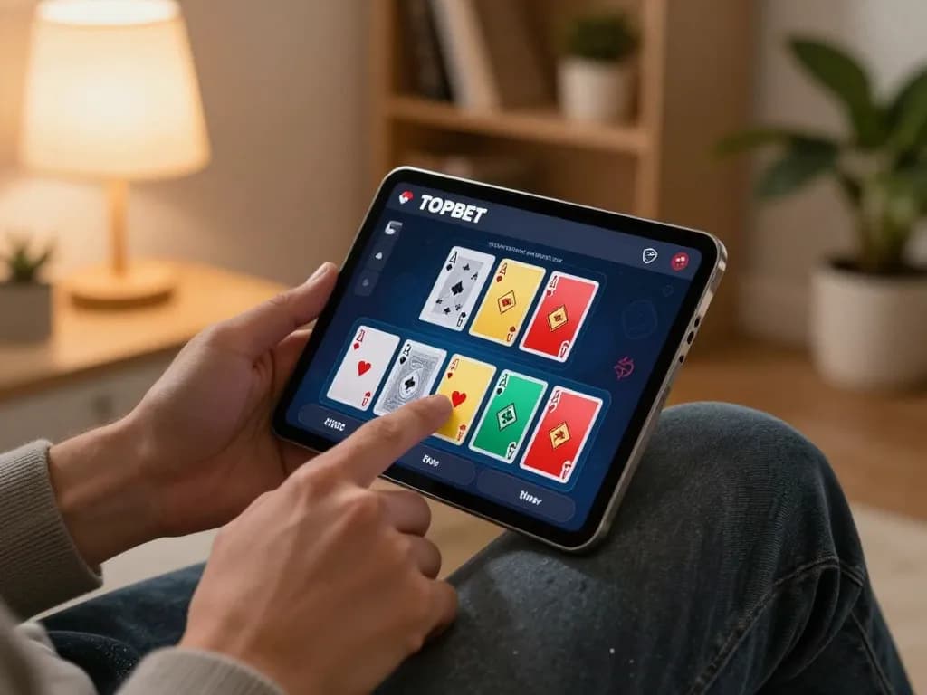 Engaging gameplay on TOPBET app showing mobile blackjack betting action in a cozy home setting.