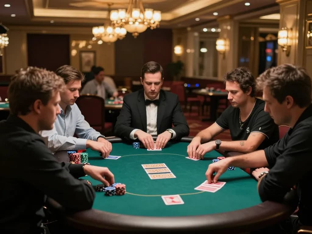 Engaged players at man88a poker table showcase strategy and excitement in a luxury casino.