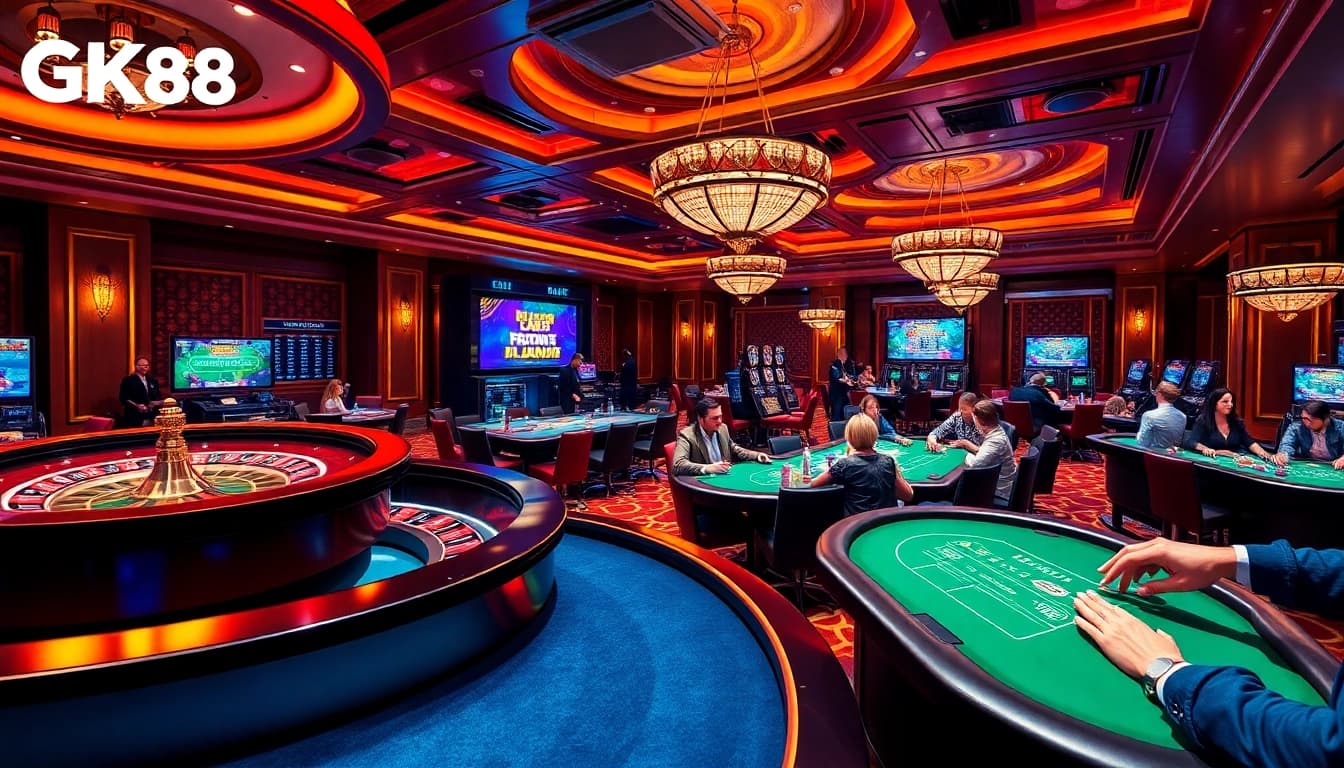 Experience the excitement of GK88 with vibrant casino tables, players, and gaming interfaces.