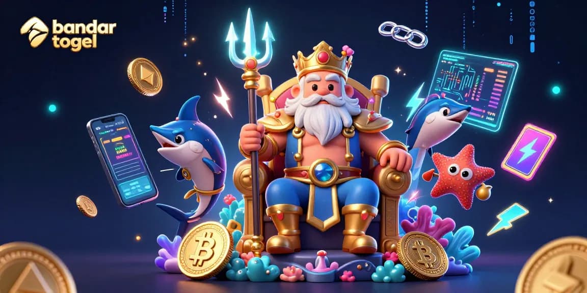 Engage in bandar togel activities with vibrant casino elements featuring Neptune and samurai.