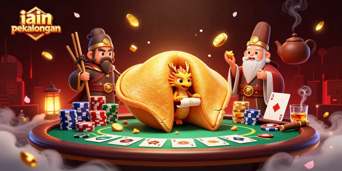 Engage with IAIN Pekalongan's vibrant gambling scene featuring a golden fortune cookie and poker elements.