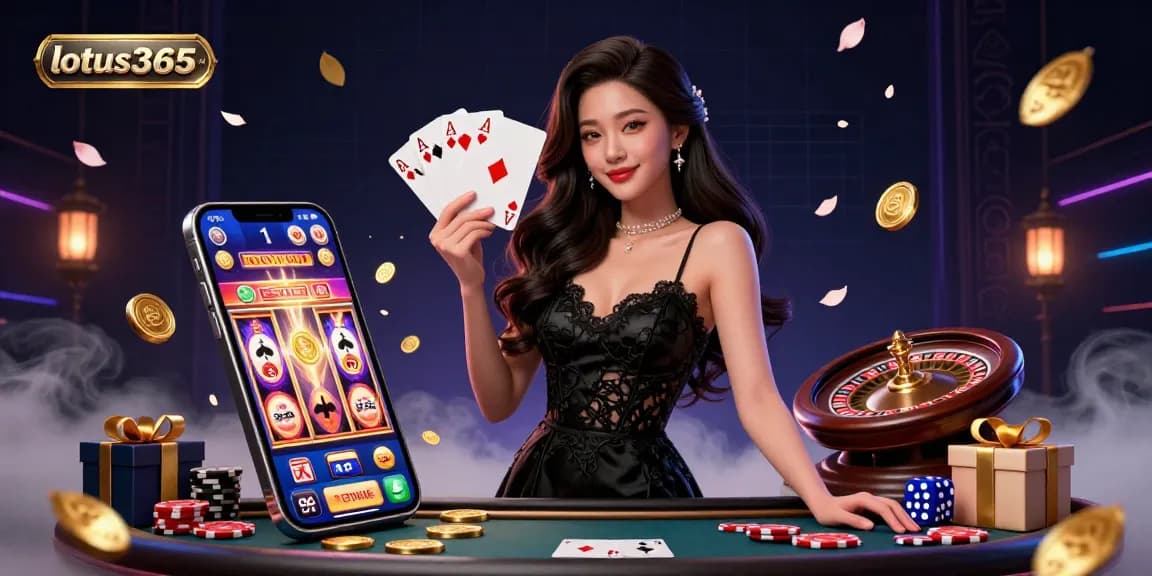 Engage in seamless gaming with lotus365 id, showcasing an elegant Asian woman in a vibrant casino atmosphere.