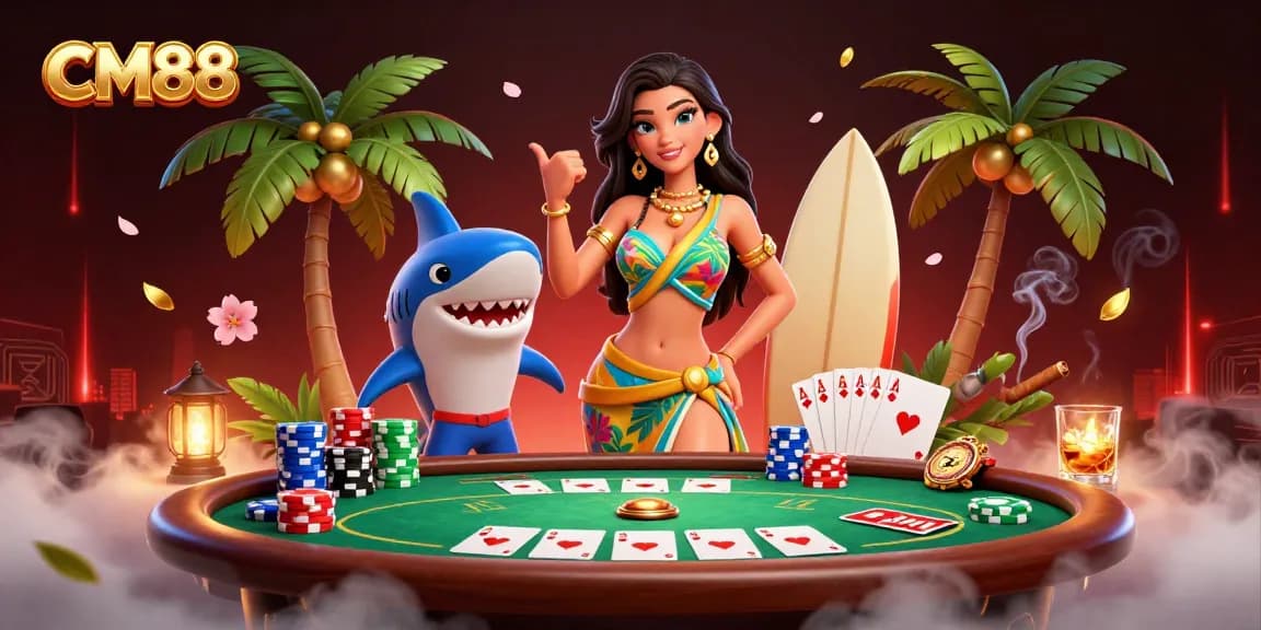 Engage with CM88's dynamic gambling scene featuring a glamorous beach goddess and a cartoon shark at a vibrant poker table.