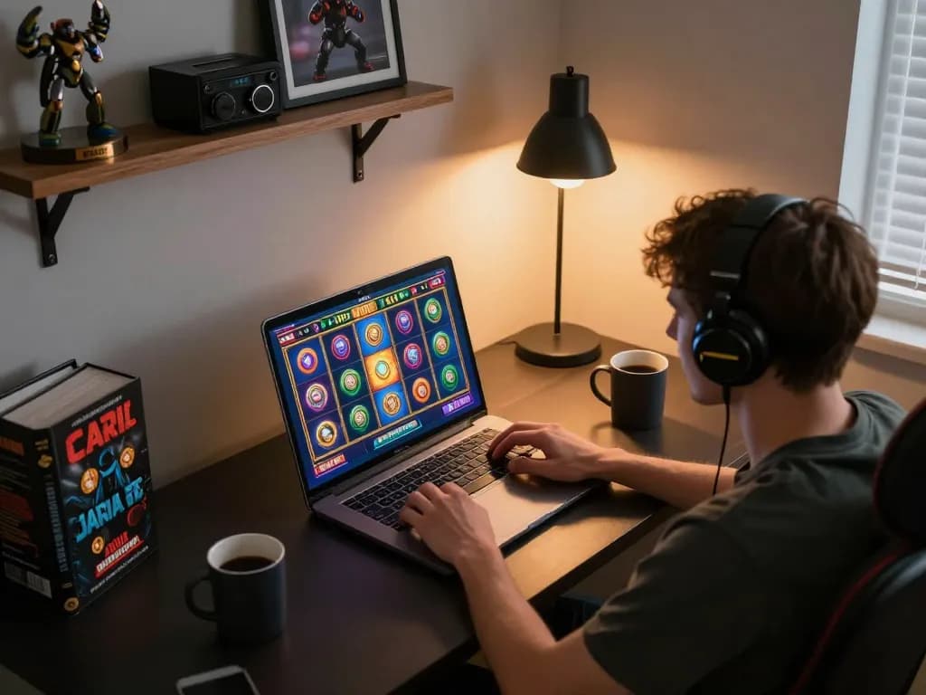 Engaging in demo slot gameplay on a laptop in a cozy home setup with vibrant graphics.