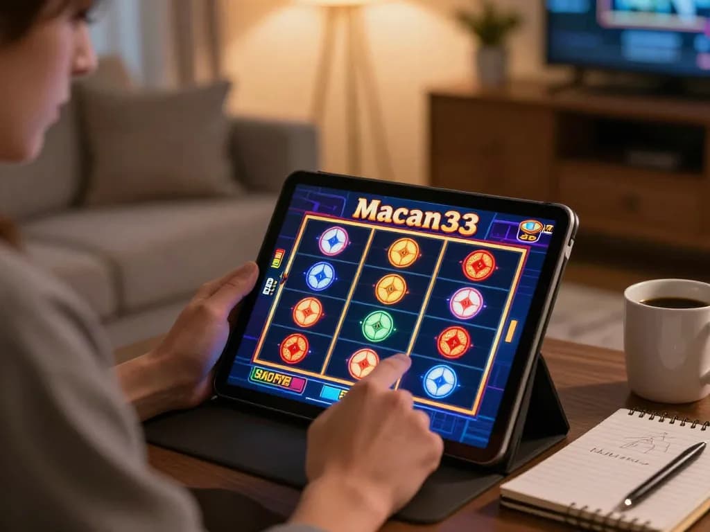 Engaging player spinning macan33 slots on a tablet in a cozy, modern environment