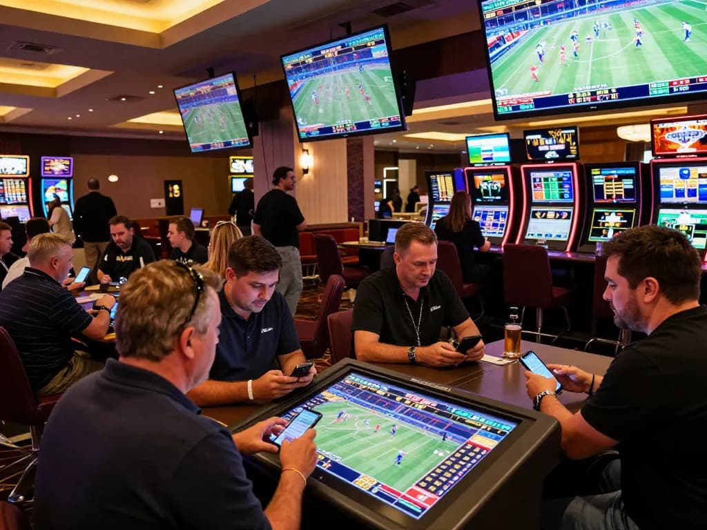 Exciting scene of sports betting lounge showcasing ty le keo nha cai odds on screens amid enthusiastic gamblers discussing strategies