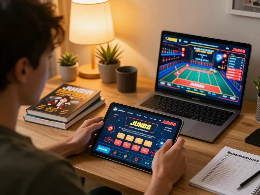 Engaging with JUN88 casino app on a tablet while practicing responsible gambling strategies