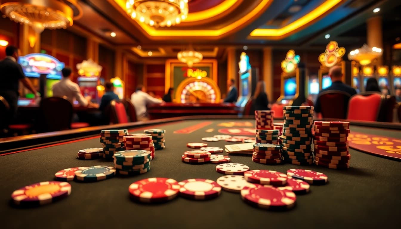 Experience the excitement of Raja Luck at a vibrant casino table with poker chips and cards.