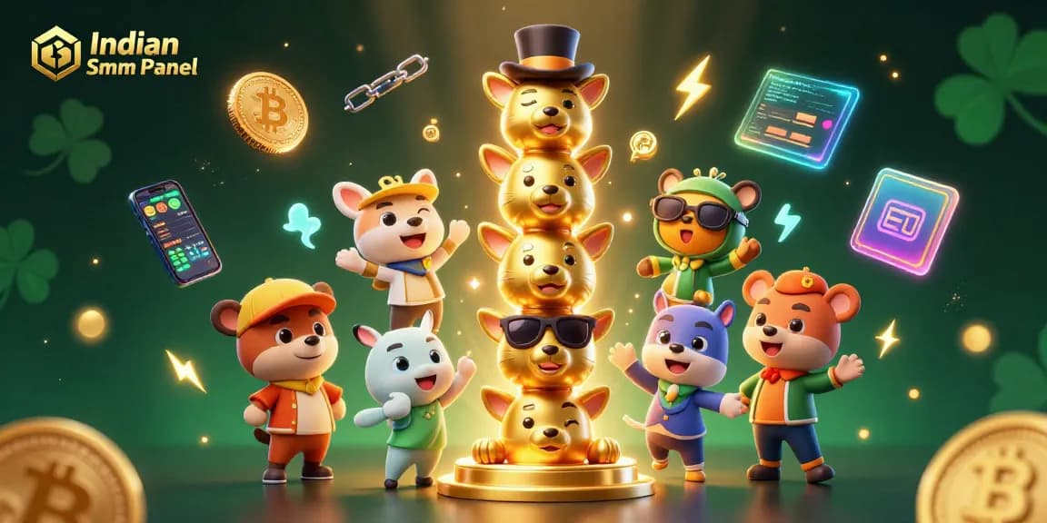 Boost your presence with Indian Smm Panel, a vibrant digital marketing service featuring characters and crypto elements.