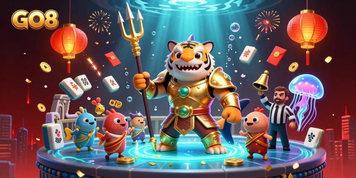 Engage with GO8's thrilling underwater casino experience featuring a gladiator shark and vibrant gaming elements.