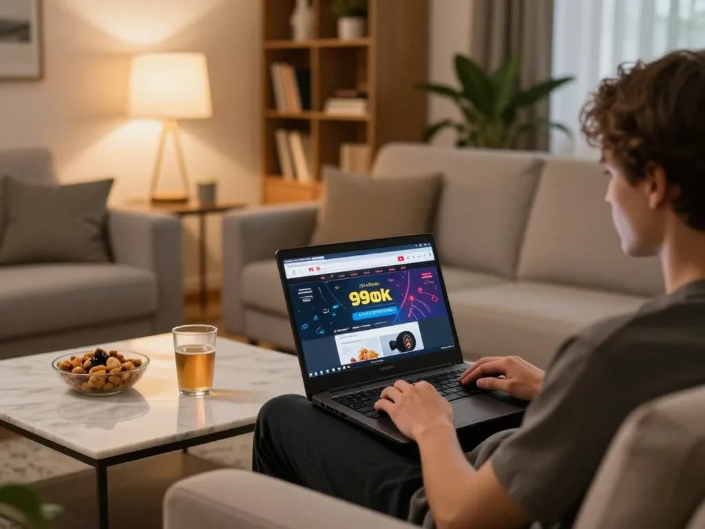 Person engaging in online gaming on 99ok platform, highlighting a comfortable home environment.