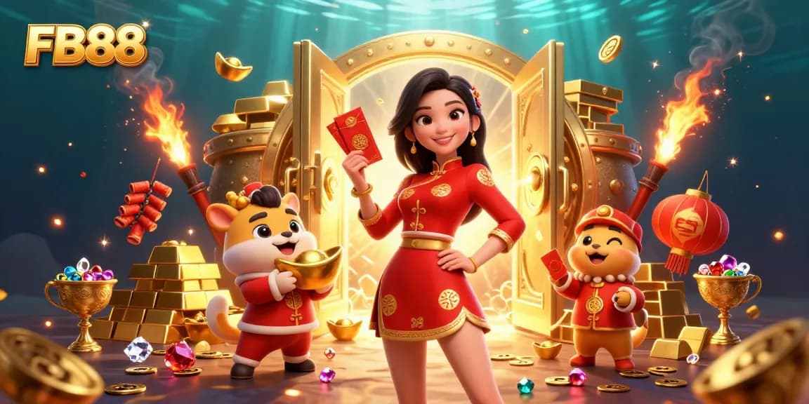 Join the excitement at FB88 with vibrant visuals of a 3D woman celebrating Lunar New Year amidst gold treasures.