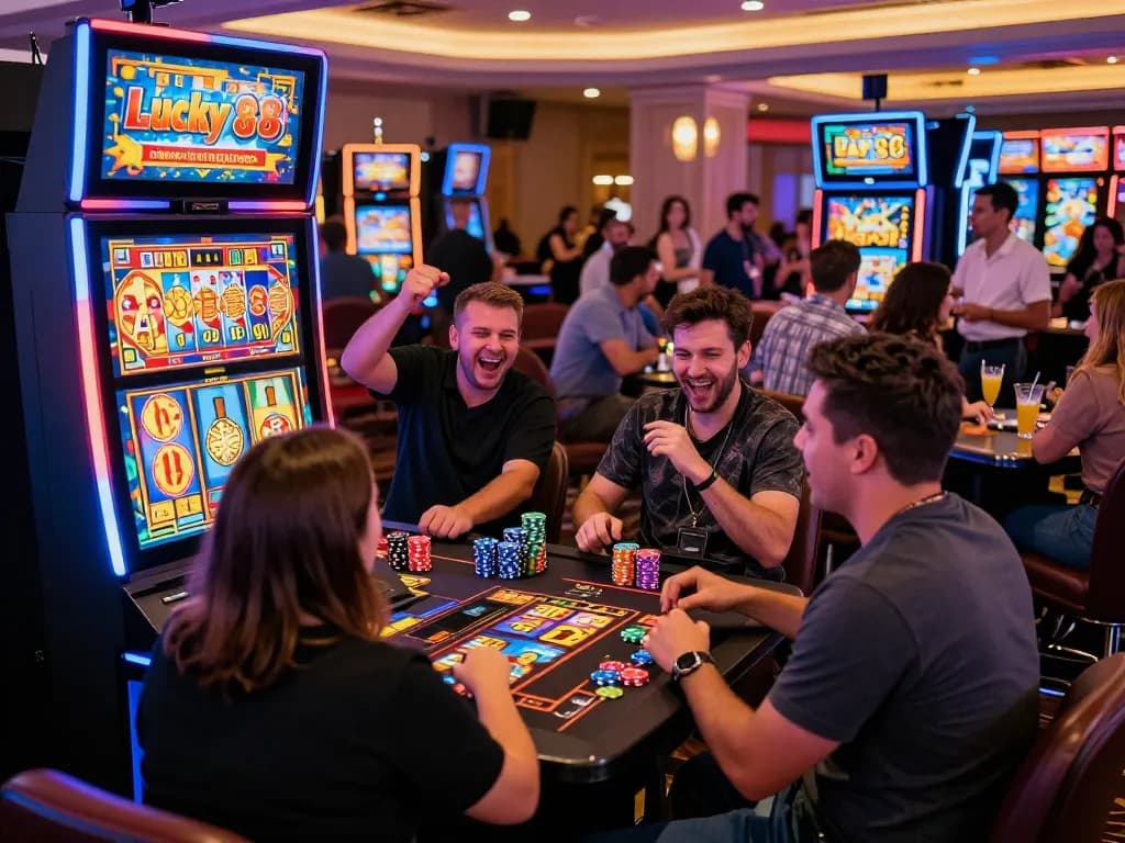 Players enjoying the Lucky 88 slot machine experience in a vibrant casino setting.