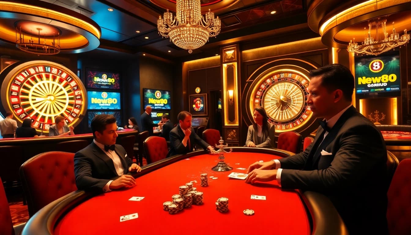 Engage in thrilling casino games at https://new88.gold/ with vibrant poker tables and roulette wheel.