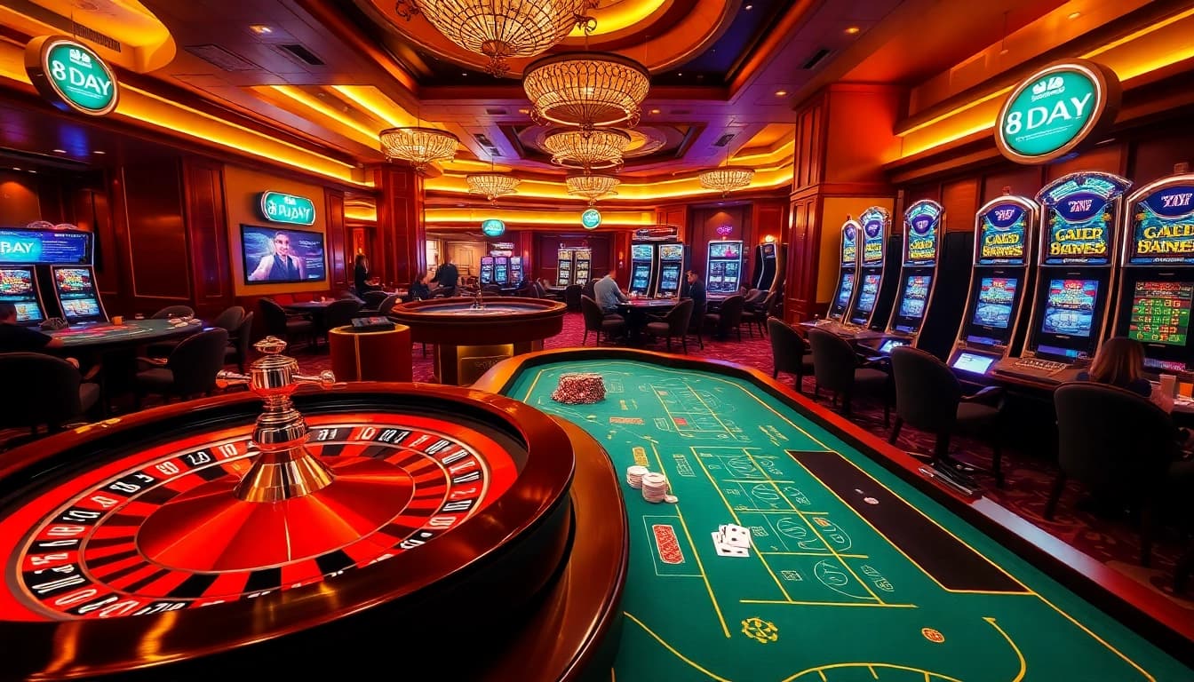 Experience thrilling gameplay at 8DAY's vibrant casino with roulette and poker excitement.