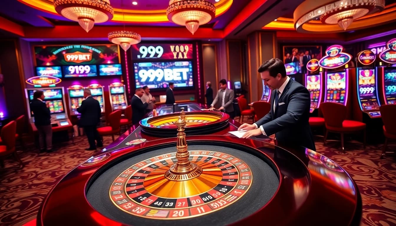 Exciting casino scene showcasing 999BET with a roulette wheel and poker chips in a vibrant atmosphere.