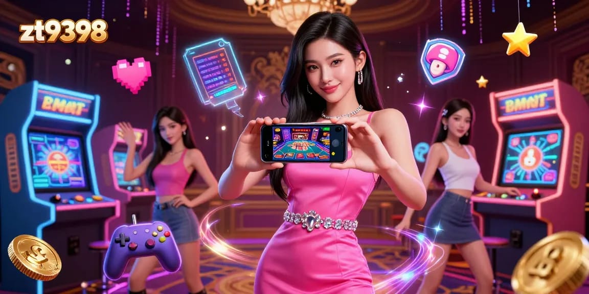 Experience live dealer games like zt9398, featuring a confident woman celebrating her wins with vibrant casino elements.