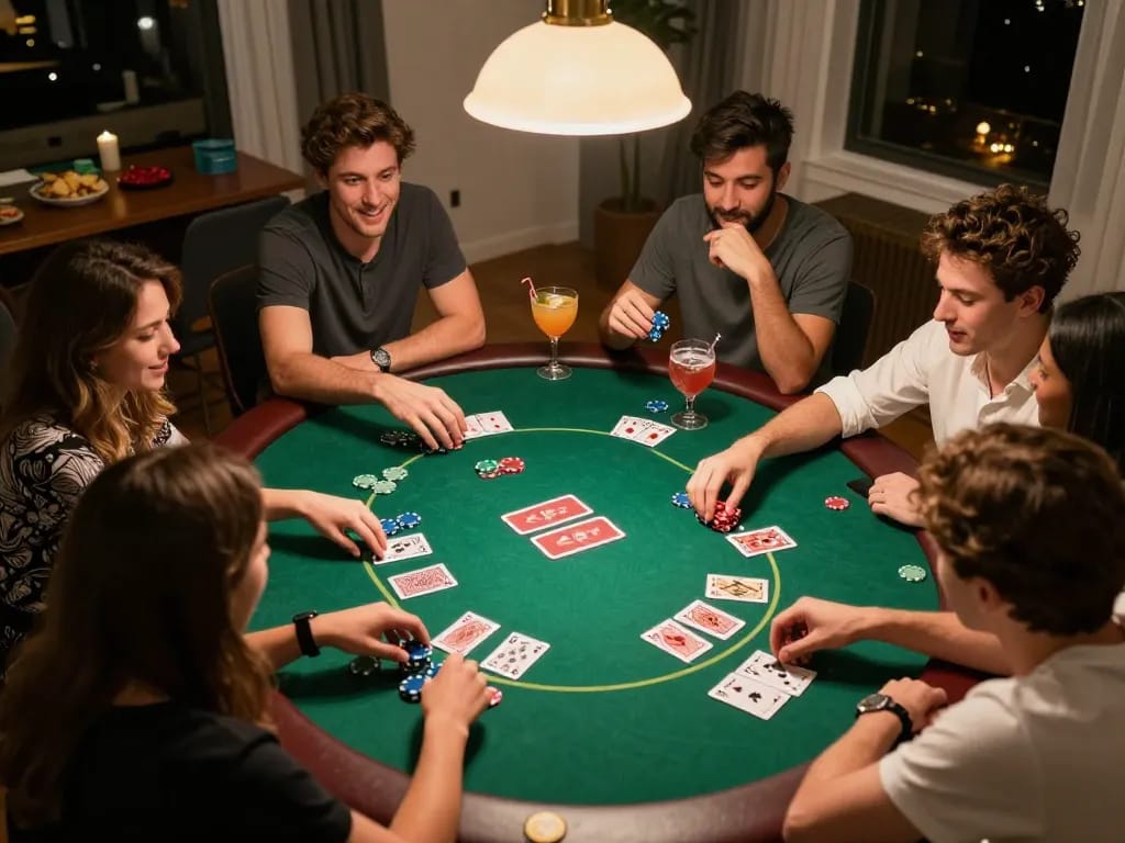 Engaged friends enjoy a poker game at home, showcasing 789p strategies in a lively atmosphere.