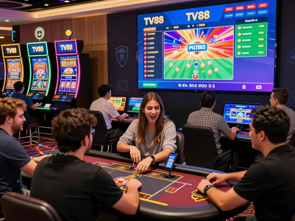 Engaged players enjoying diverse games on TV88's online gambling platform, emphasizing excitement and safety.