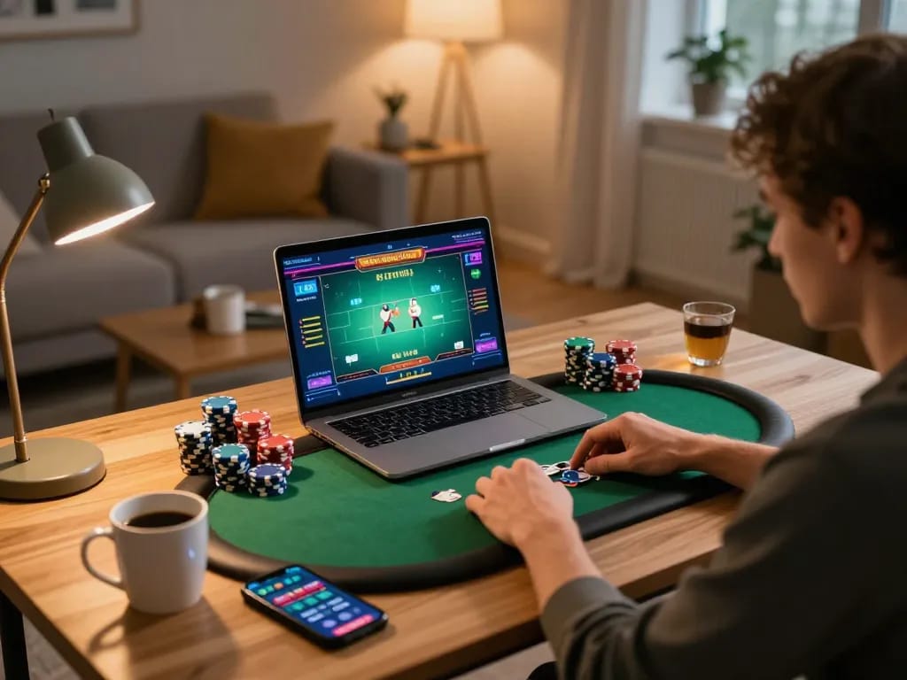Bermain poker online di rumah, menampilkan creativeblogposts tentang pendekatan taruhan strategis.