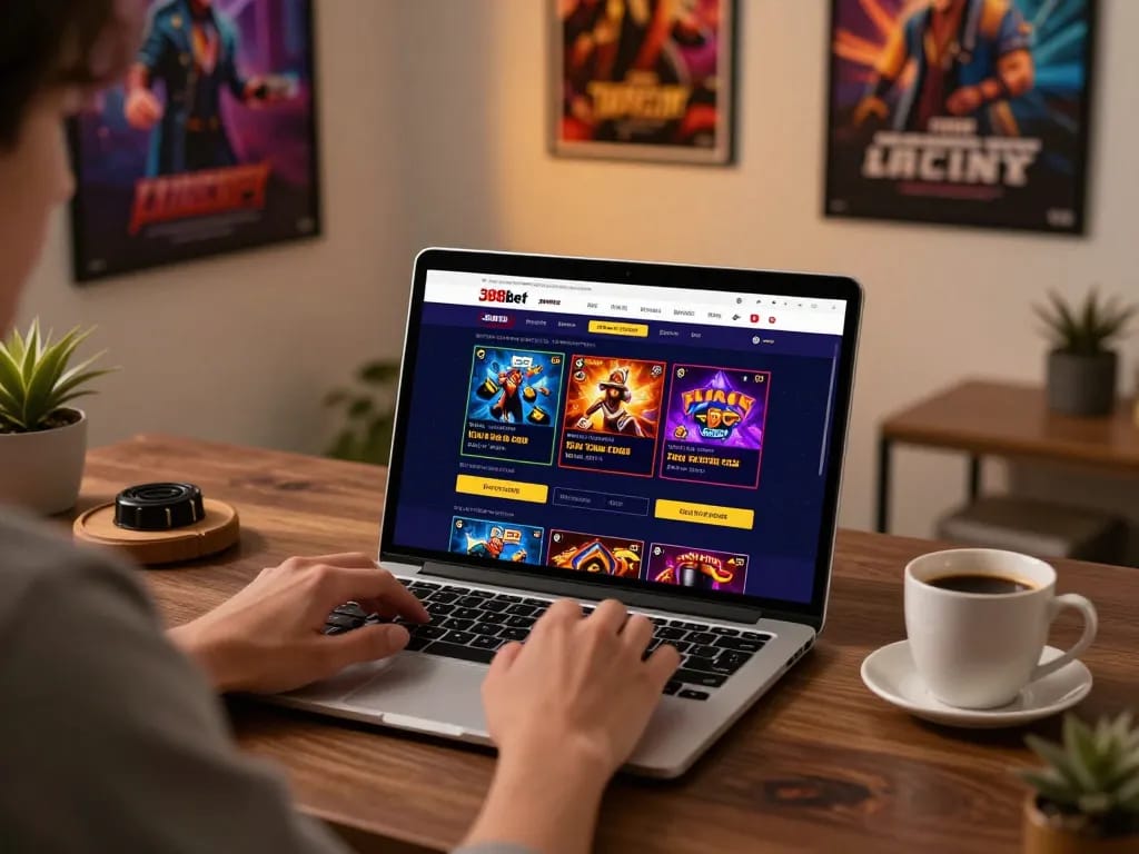 Engaging online gaming scene on 388bet platform with focused player using laptop.