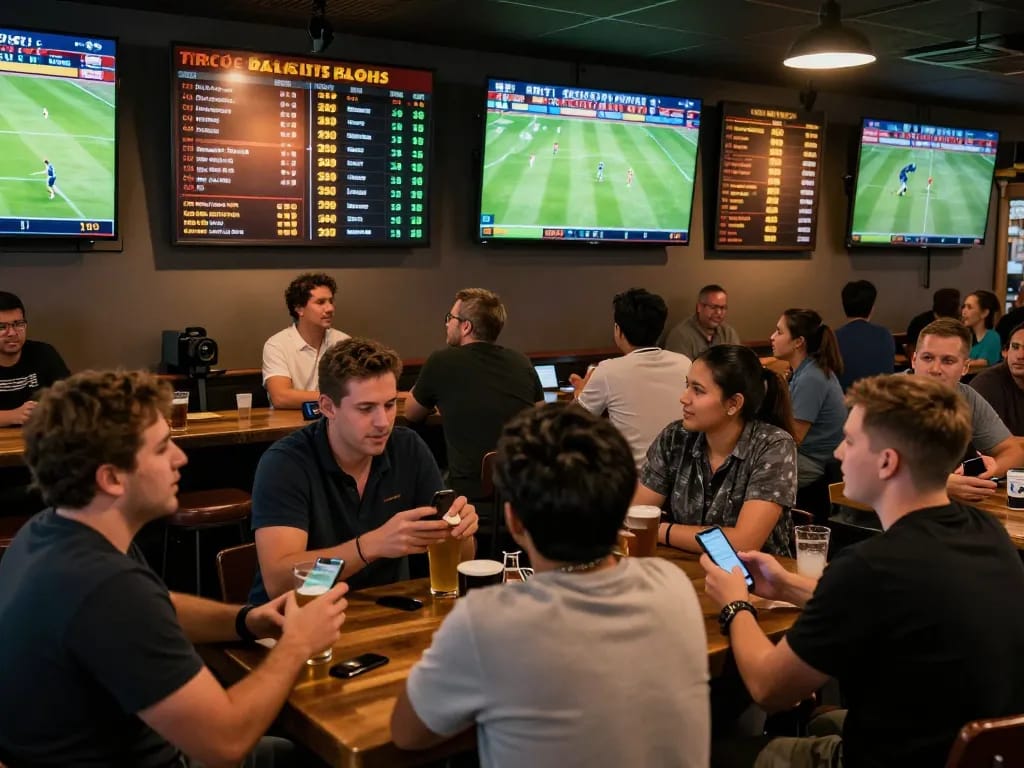 Experience Trực tiếp bóng đá excitement in a vibrant sports betting bar filled with engaged fans