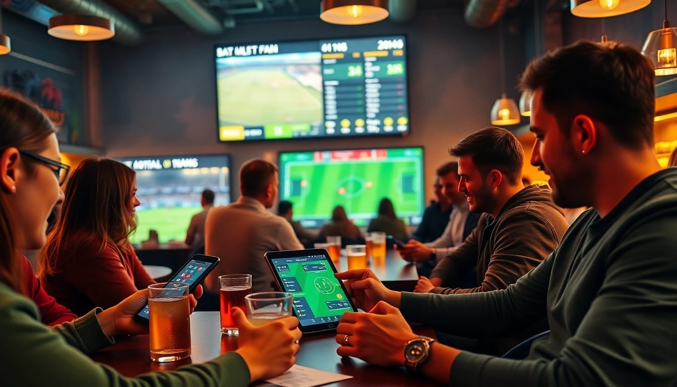 Exciting football betting scene featuring real-time kèo nhà cái odds in a lively sports bar setting.