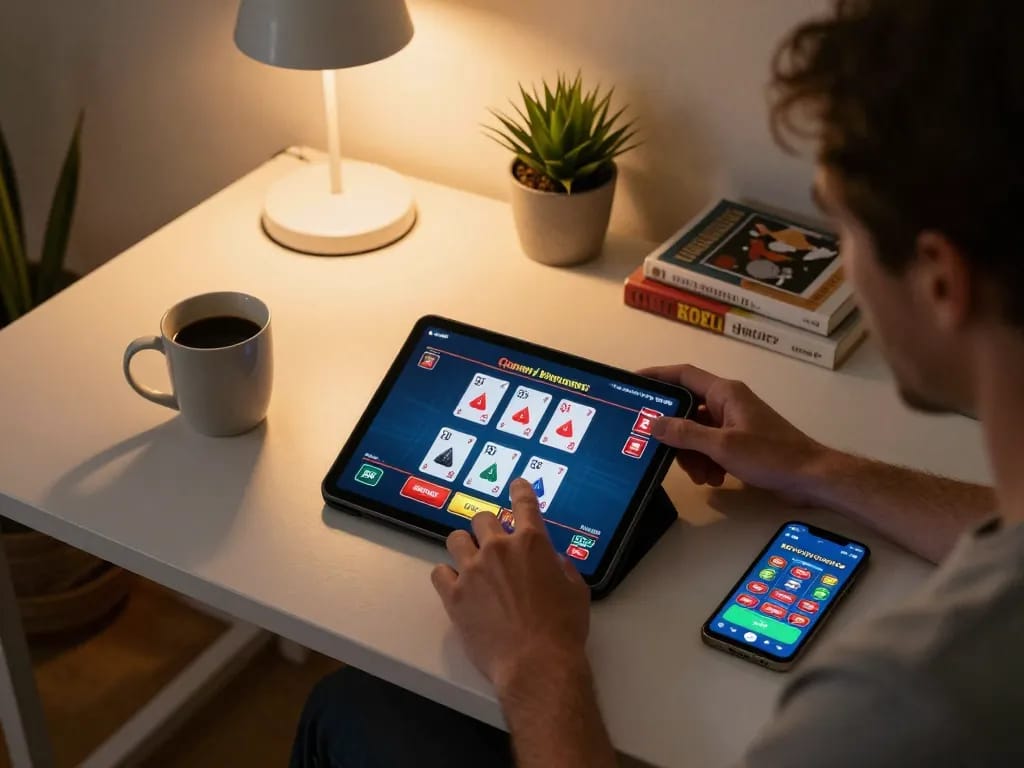 Player enjoying a live dealer game on 888New tablet in cozy home setup