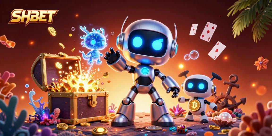 Experience SHBET's vibrant gaming world with a 3D cartoon robot and crypto dragon.