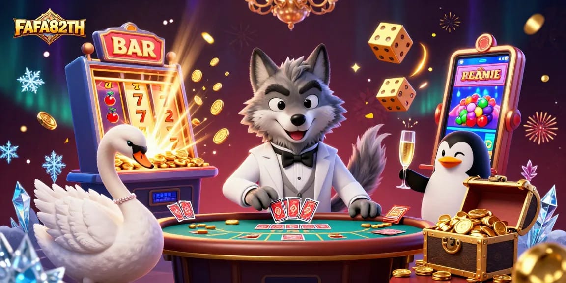 Engage with FAFA828TH as a debonair wolf and friends celebrate at a vibrant casino scene.