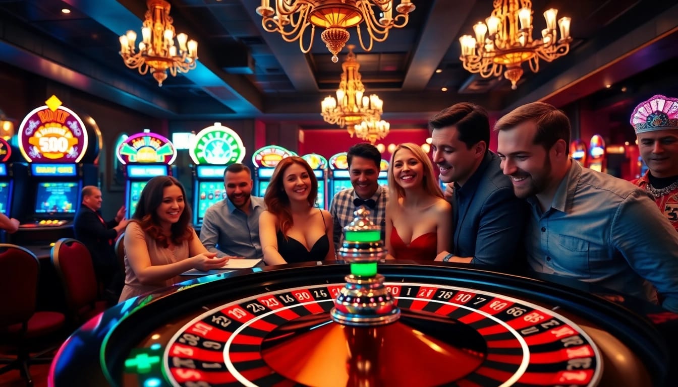 Guests enjoying a thrilling game at 18vip娱乐 casino roulette table surrounded by vibrant slot machines.