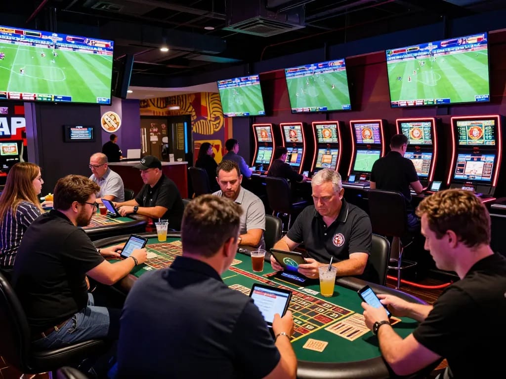 Excited patrons enjoying zbet sports betting experience in a vibrant sportsbook atmosphere