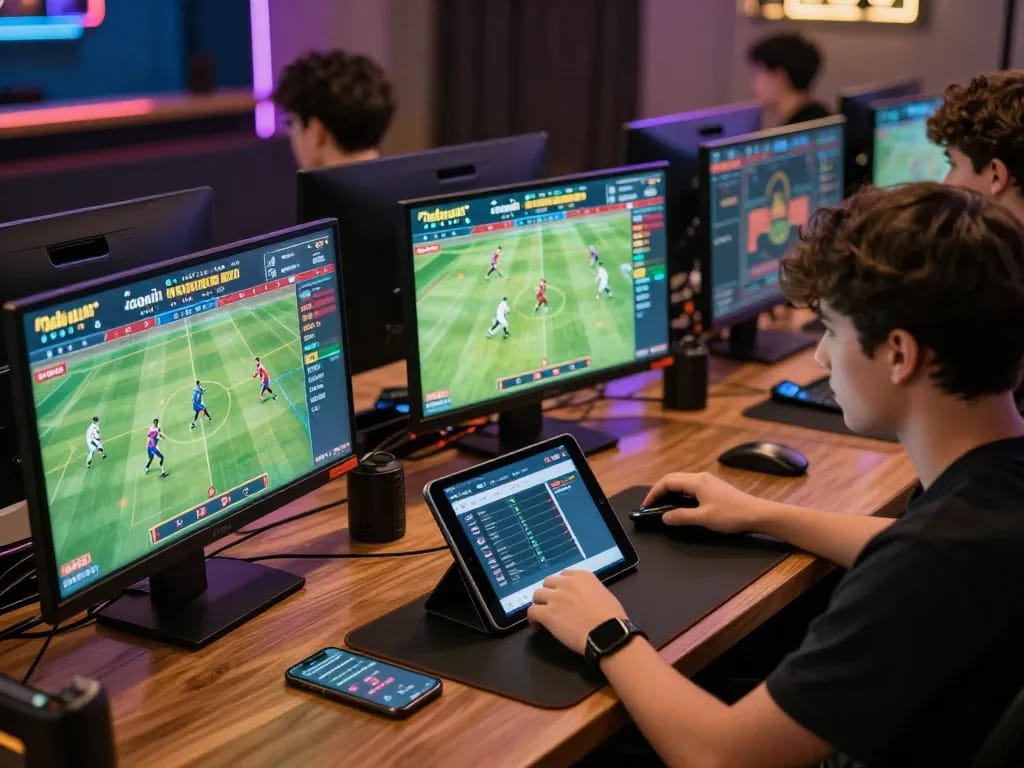 Pemain yang terlibat merencanakan judi bola online dengan beberapa layar dalam suasana permainan yang penuh warna.