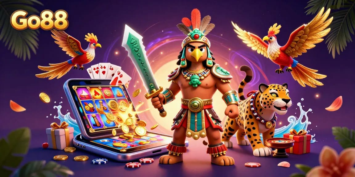 Engage with Go88's thrilling gaming world featuring an Aztec warrior, jaguar companion, and rich casino elements.