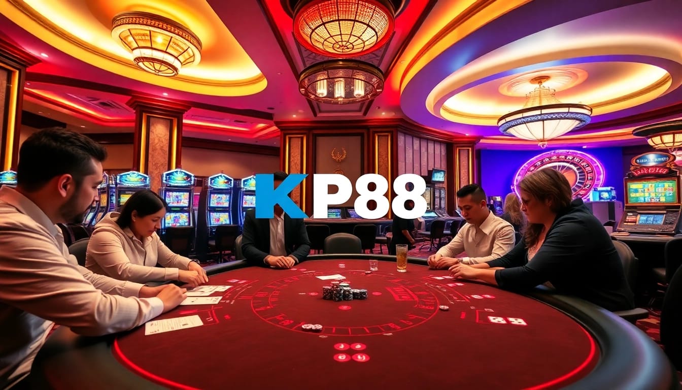 Exciting KP88 casino experience featuring players at poker tables and vibrant slot machines.