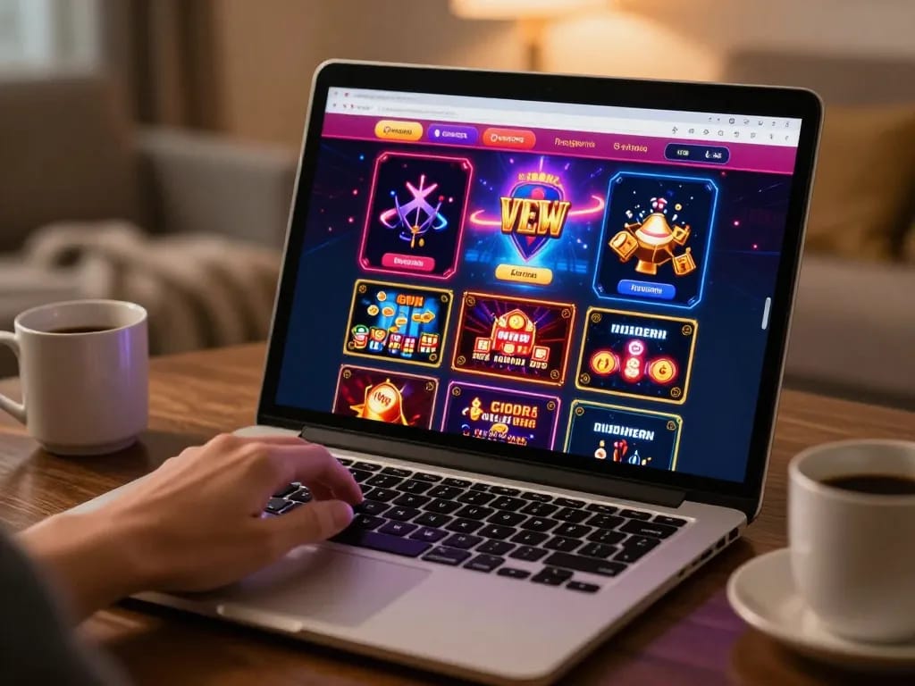 Player engaging with FLY88 online casino interface, showcasing vibrant games in a cozy home environment.