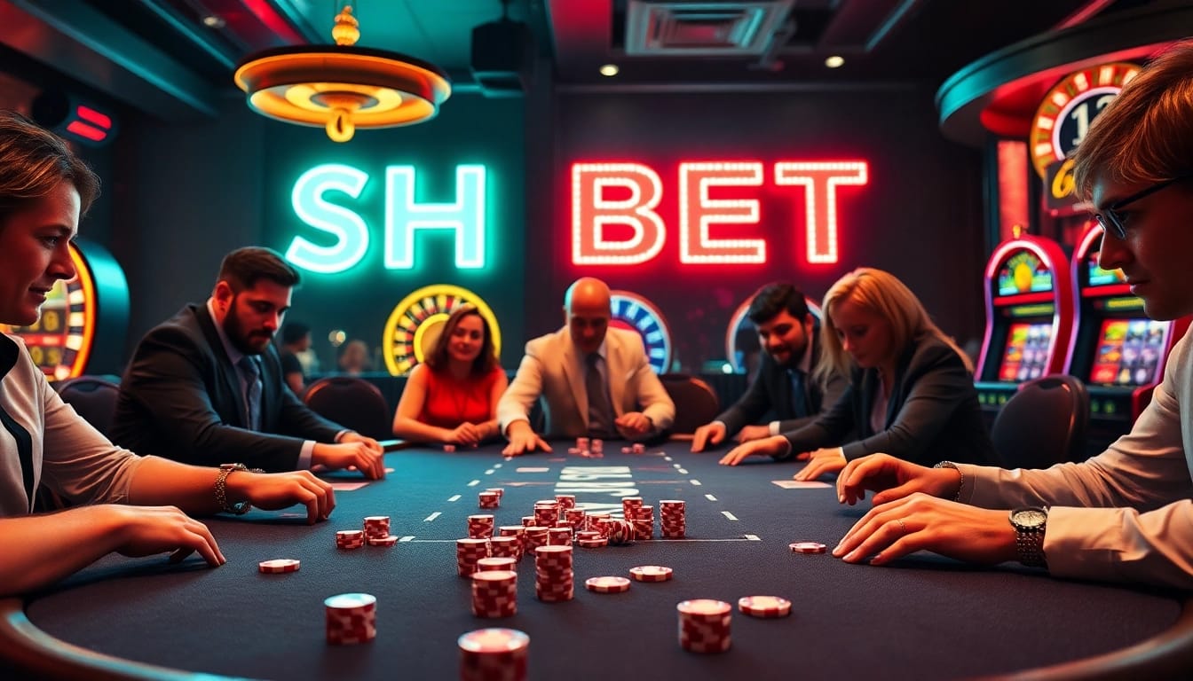 SHBET casino scene showcasing a thrilling poker game with vibrant chips and excitement.
