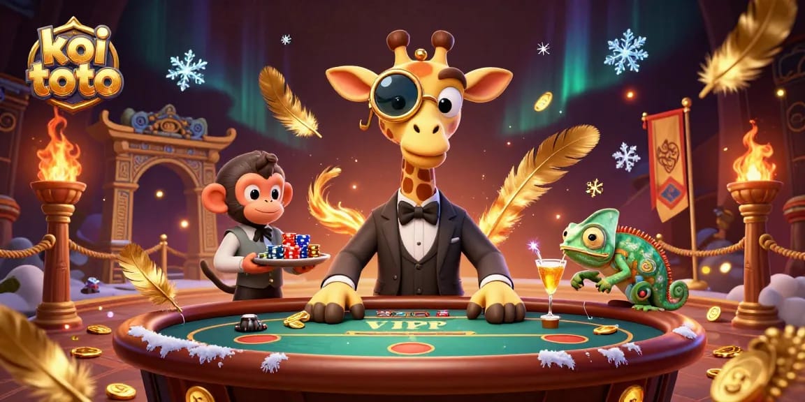 Koi toto platform showcases a 3D high-roller giraffe and monkey valet in a vibrant casino scene.