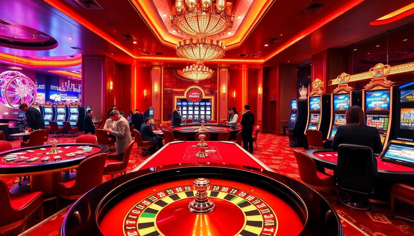 Players enjoy games at https://mb66-t.com/ in a luxurious casino atmosphere with vibrant tables and engaging action.