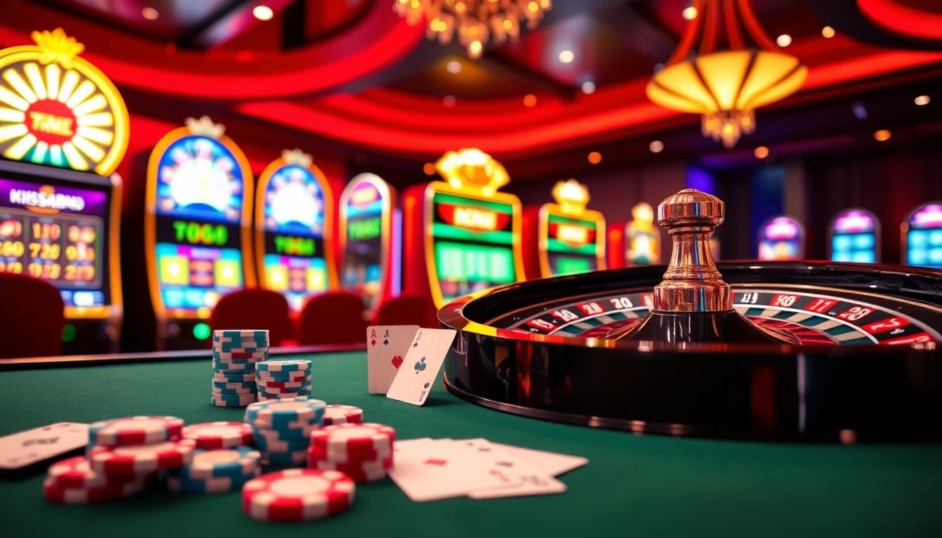 Kiss888 players enjoying a thrilling game night filled with vibrant poker chips and glowing slot machines.
