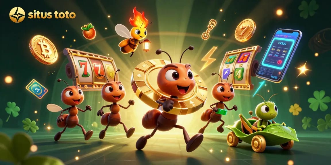 Ants running a heist with situs toto elements, carrying oversized poker chip while exploring a casino.