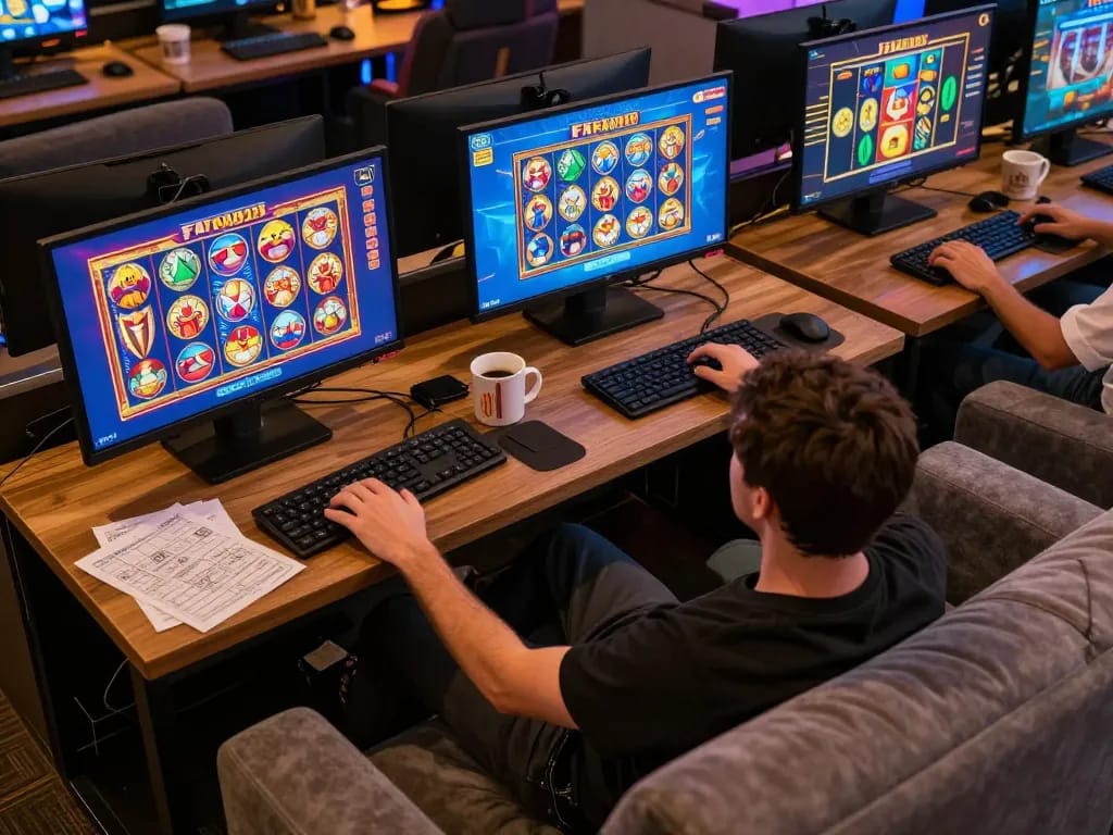 FAFA828 gaming setup showcasing dynamic online casino action with slots being played.