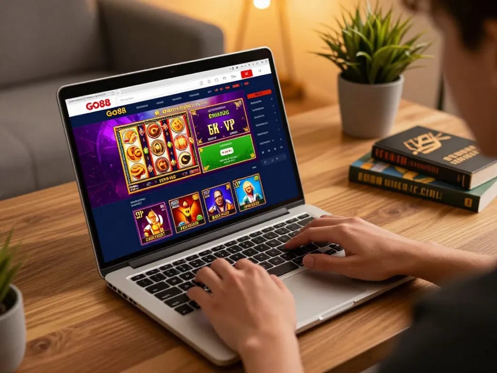 Player engaging with Go88 online casino interface on a laptop in a cozy home atmosphere.