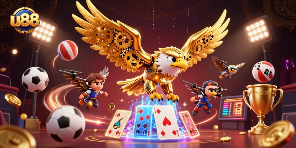 Experience u88 with a dynamic scene showcasing golden eagle and sports betting elements in a high-energy gambling atmosphere.