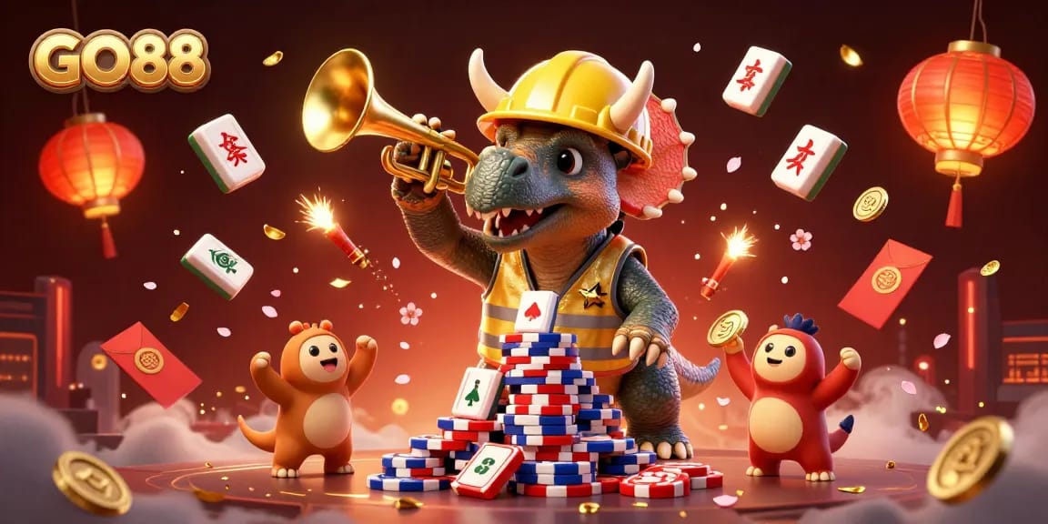 GO88 players celebrate with a cheering triceratops and colorful casino elements in a vibrant atmosphere.