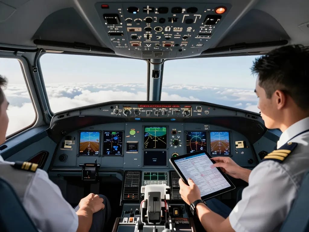 Fly88 pilot ready for takeoff in a modern aircraft cockpit.