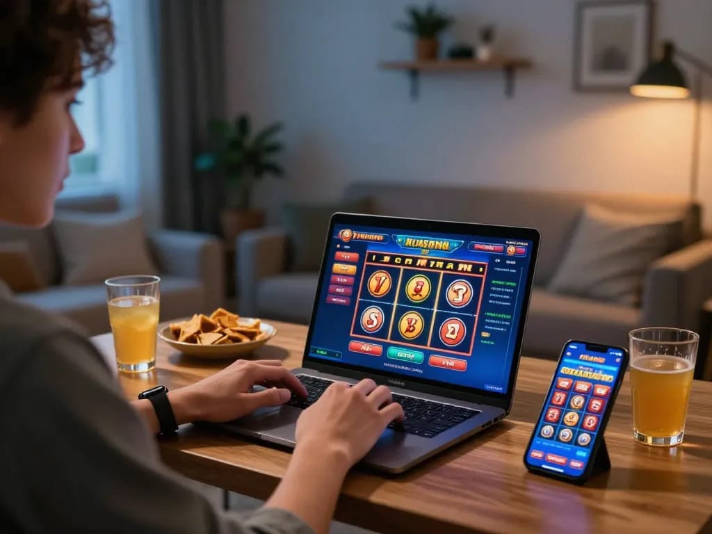 Player enjoying online slots on meroope platform in a cozy living room, snacks and drinks at hand.