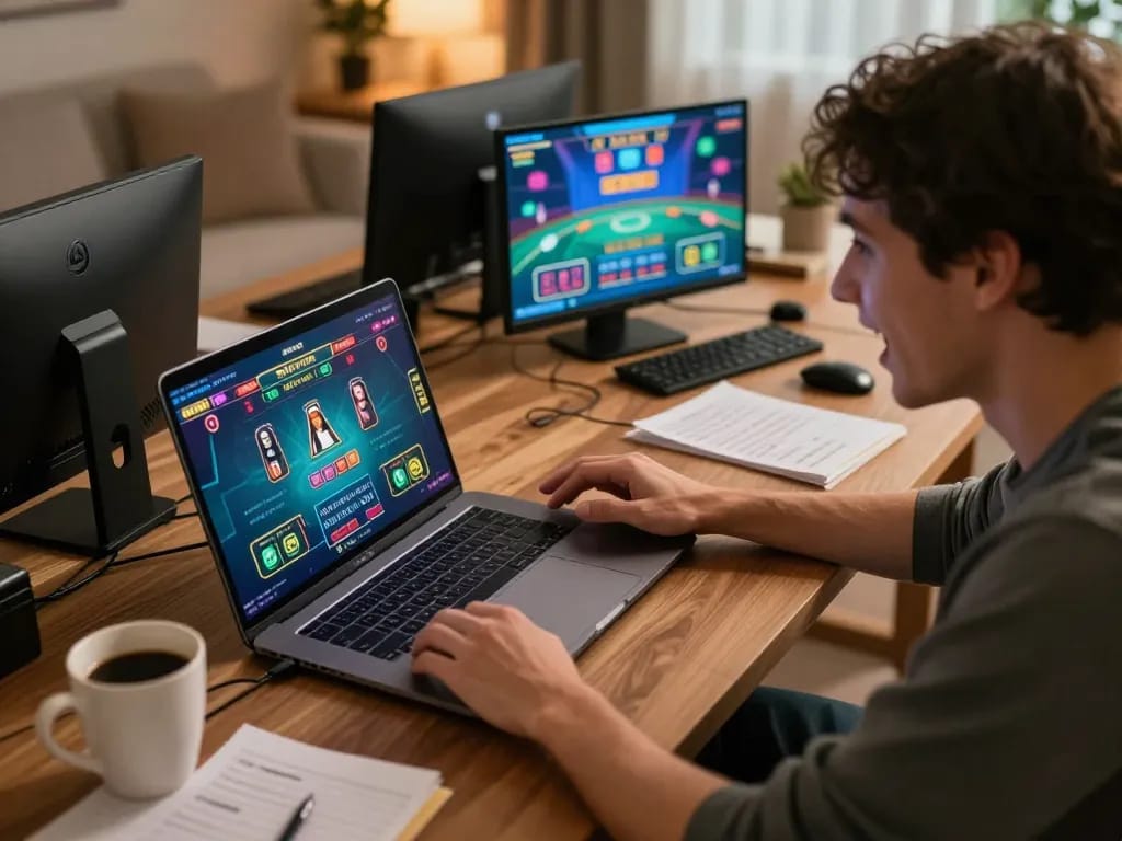 UK88 player enjoying live casino action on a laptop, highlighting engaging online gambling experience.